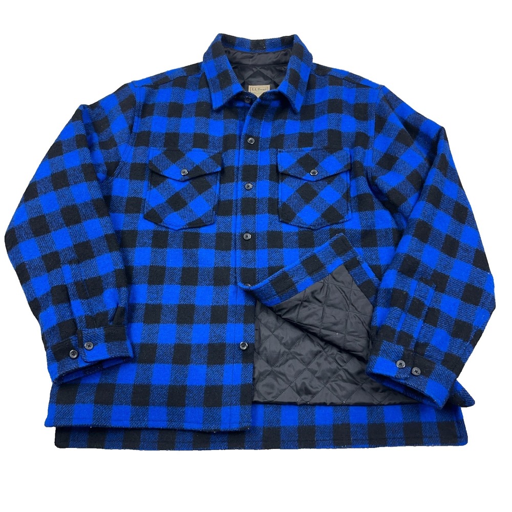 LL Bean Shirt Jacket Men XL Blue Black Buffalo Plaid Wool Blanket Lined Shacket